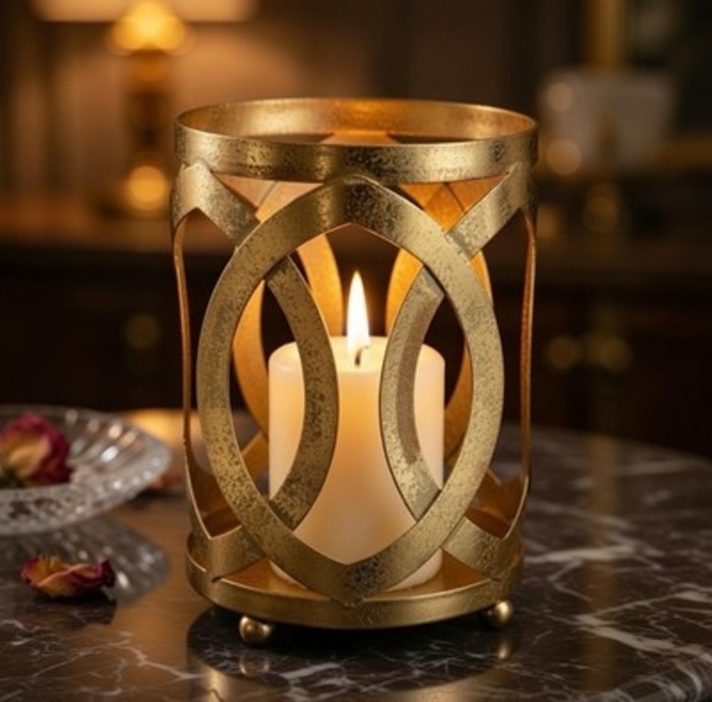 Stylish Shabby Gold Metal Interwoven Design Candle Holder Stand Base 6.5" VG